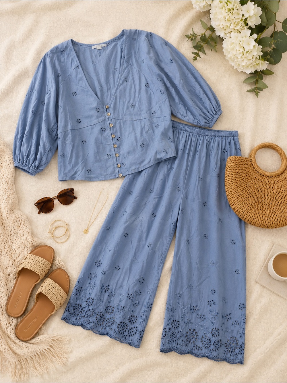 O’Neill Blue Eyelet Embroidered Matching Set Top & Wide Leg Pants S/XS